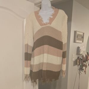 Striped Frayed Hem Sweater
